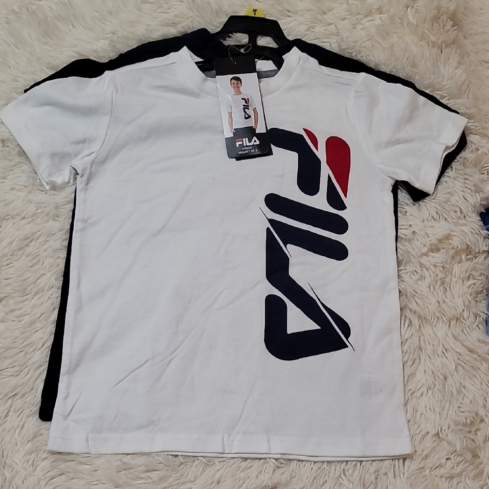 Fila,White and Blue Short Sleeve Tee with Logo, Boys, Size 6 And Size 7